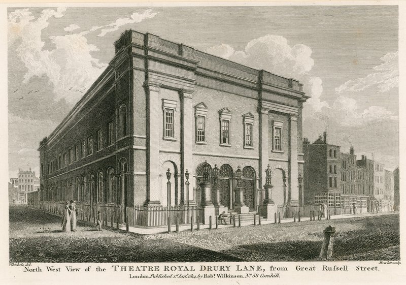 Westelijke aanzicht van het Theatre Royal, Drury Lane, Londen, vanaf Great Russell Street door C. John Mayle Whichelo
