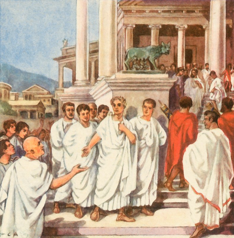 Caesar op weg naar het Capitool (kleurenlitho) door Carl Arriens