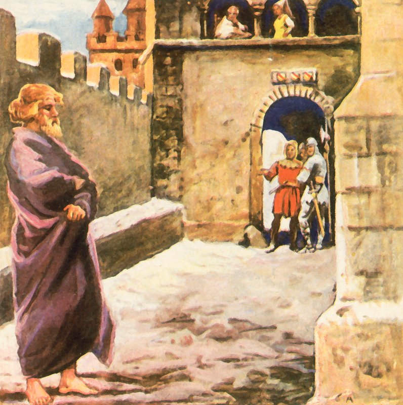 Boeteprocessie van keizer Hendrik IV in Canossa (kleurenlitho) door Carl Arriens