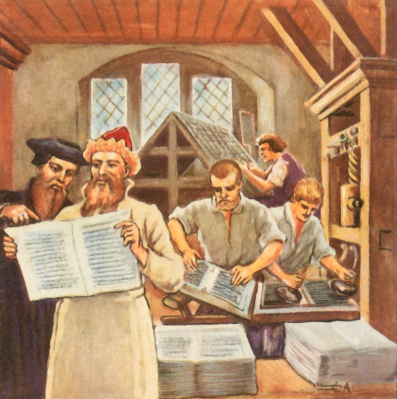 Gutenberg drukt de Bijbel (verbeterde kleurenlitho) door Carl Arriens