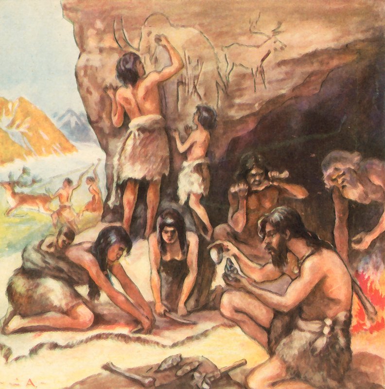 Familiegrot uit de steentijd (kleurenlitho) door Carl Arriens