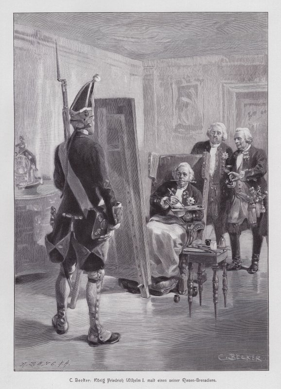 Koning Frederik Willem I van Pruisen schildert een grenadier van zijn Potsdamer Riesengarde (Grote Garde van Potsdam) (gravure) door Carl Ludwig Friedrich (after) Becker
