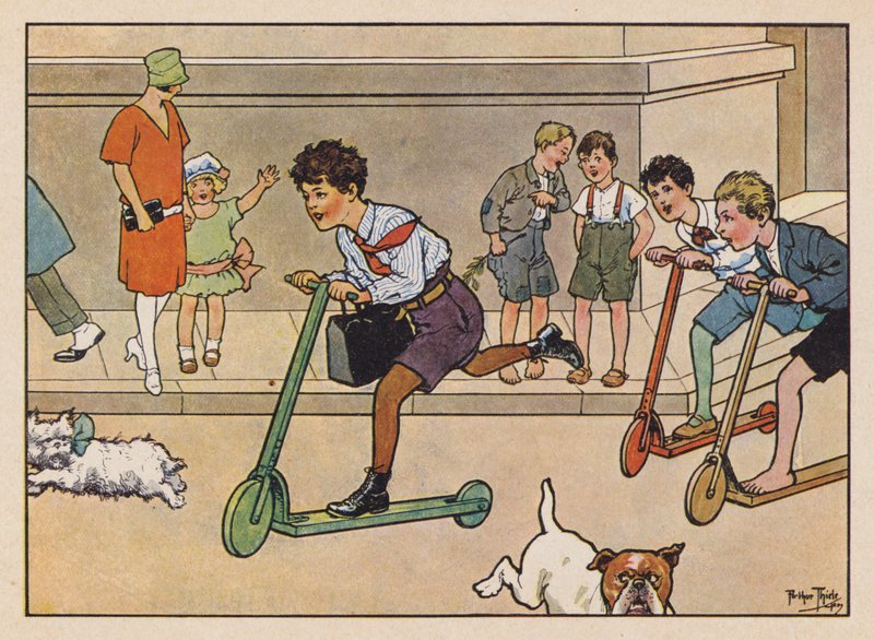 Jongens racen met scooters door Carl Robert Arthur Thiele