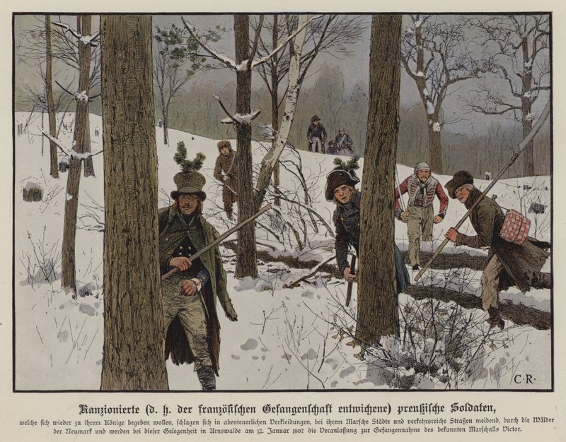 Pruisische soldaten ontlopen Franse gevangenschap, januari 1807 (kleur litho) door Carl Röchling