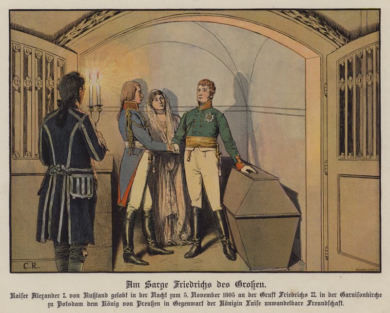 Tsaar Alexander I van Rusland bezoekt het graf van Frederik de Grote in Potsdam met koning Frederik Willem III en koningin Louise van Pruisen en zweert zijn onwankelbare vriendschap, 5 november 1805 (kleur litho) door Carl Röchling