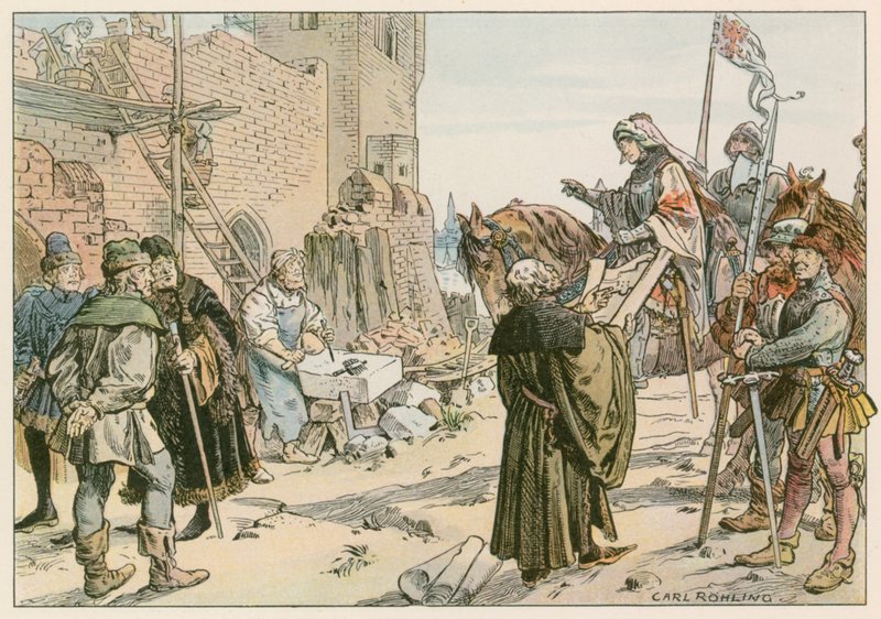 Frederik II bij het leggen van de fundamenten van het kasteel aan de rivier de Spree in 1443 door Carl Rohling