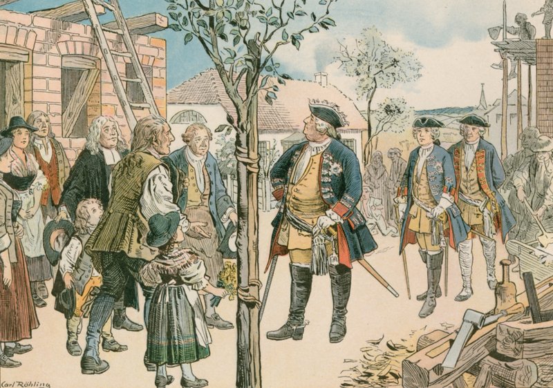 Frederik Willem I (1688-1740) met verdreven Salzburgers in Oost-Pruisen in 1739 door Carl Rohling