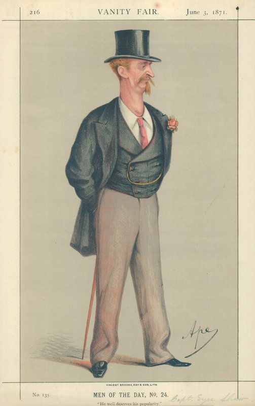 Kapitein Eyre Shaw, Hij verdient zijn populariteit, 3 juni 1871, Vanity Fair cartoon door Carlo Pellegrini
