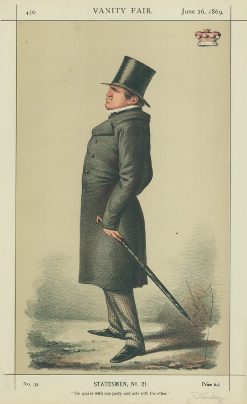 Lord Stanley, Hij spreekt met één partij en handelt met de andere, 26 juni 1869, Vanity Fair cartoon door Carlo Pellegrini