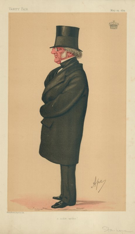 Philip-Henry Stanhope Stanhope, Een Edel Schrijver, 23 mei 1874, Vanity Fair cartoon door Carlo Pellegrini