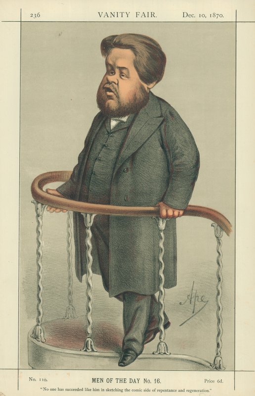 De Eerwaarde Charles Spurgeon, Niemand is erin geslaagd zoals hij om de komische kant van berouw en wedergeboorte te schetsen, 17 juli 1880, Vanity Fair cartoon door Carlo Pellegrini