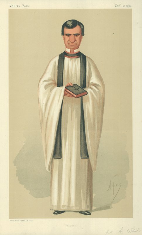 De eerwaarde Henry White, gebeden, 26 december 1874, Vanity Fair cartoon door Carlo Pellegrini
