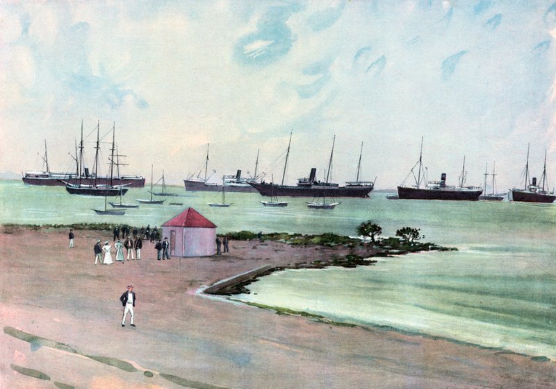 Gevangen Spaanse schepen voor anker in Man-of-War Harbor, Key West. Uitzicht vanaf de Esplanade bij de Amerikaanse legerkazerne door Carlton Theodore Chapman