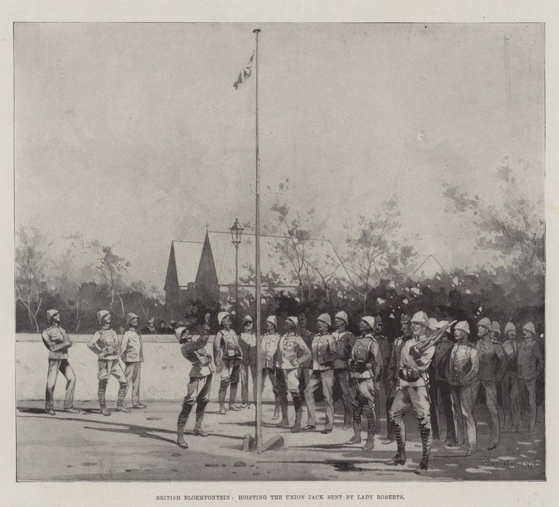 Brits Bloemfontein, hijsen van de Union Jack gestuurd door Lady Roberts door Charles Auguste Loye
