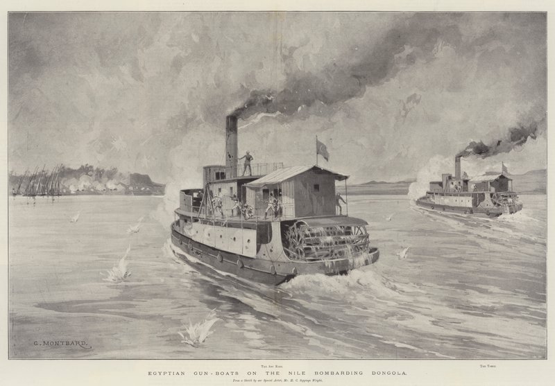Egyptische kanonneerboten op de Nijl bombarderen Dongola door Charles Auguste Loye