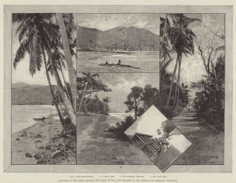 Schetsen op de Samoa-eilanden, de scène van de recente ramp voor de Duitse en Amerikaanse oorlogsschepen door Charles Auguste Loye