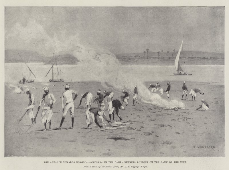De Vooruitgang naar Dongola, Cholera in het Kamp, afval verbranden aan de oever van de Nijl door Charles Auguste Loye