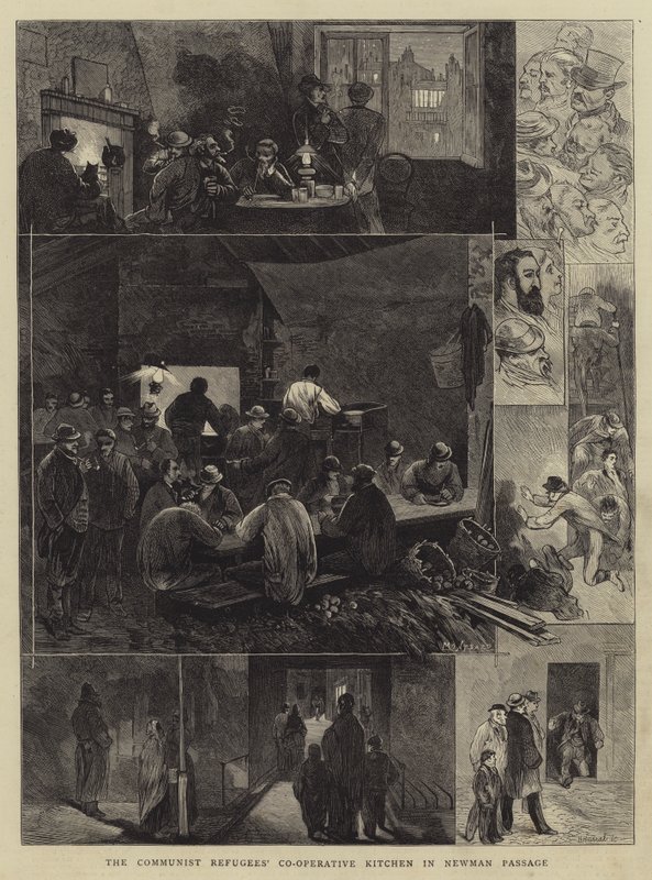 De coöperatieve keuken van communistische vluchtelingen in Newman Passage door Charles Auguste Loye