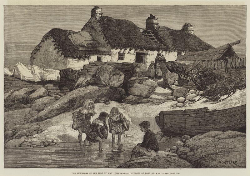 De Verkiezingen op het Eiland Man, Vissershuisjes in Port St Mary door Charles Auguste Loye