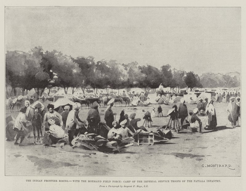 De Indiase grensopstand, met de Mohmand Field Force, kamp van de Imperial Service Troops van de Patiala Infanterie door Charles Auguste Loye
