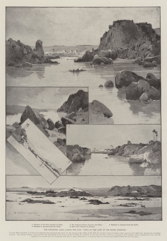 De geplande dammen over de Nijl, uitzichten van het deel van de rivier dat wordt beïnvloed door Charles Auguste Loye