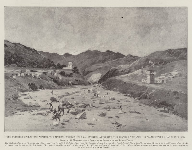 De strafexpedities tegen de Mahsud Waziris, de 2e Gurkhas vallen de toren van Waladin aan in Waziristan op 2 januari 1902 door Charles Auguste Loye
