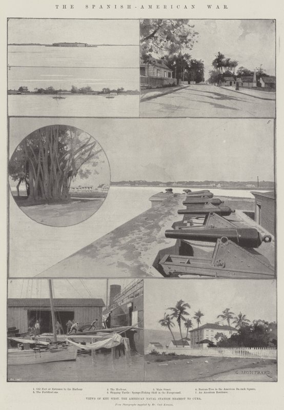 De Spaans-Amerikaanse Oorlog, uitzichten van Key West, het Amerikaanse marinebasis het dichtst bij Cuba door Charles Auguste Loye