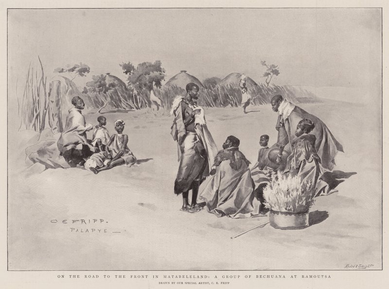 Op Weg naar het Front in Matabeleland, een Groep Bechuana bij Ramoutsa door Charles Edmund Brock