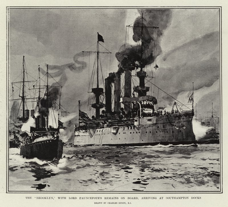De Brooklyn, met de Resten van Lord Pauncefote aan Boord, aankomend in de Docks van Southampton door Charles Edward Dixon