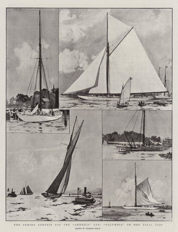 De komende wedstrijd om de America Cup, Columbia op haar proefvaart door Charles Edward Dixon