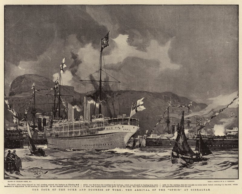 De Rondreis van de Hertog en Hertogin van York, de Aankomst van de Ophir in Gibraltar door Charles Edward Dixon