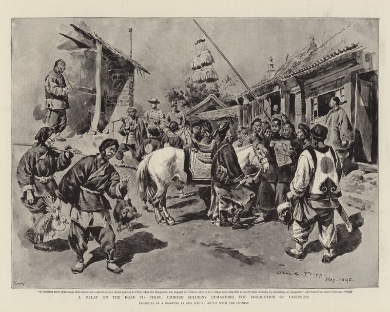 Een vertraging op de weg naar Peking, Chinese soldaten eisen de productie van paspoorten door Charles Edwin Fripp