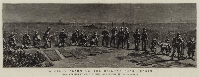 Een nachtelijke alarm op de spoorweg bij Suakim door Charles Edwin Fripp