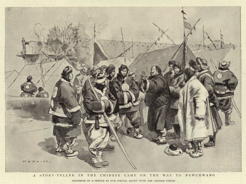 Een verhalenverteller in het Chinese kamp op weg naar Newchwang door Charles Edwin Fripp