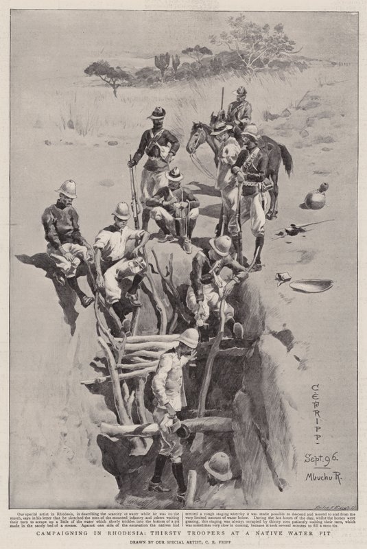Campagne in Rhodesië, dorstige troopers bij een inheems waterput door Charles Edwin Fripp