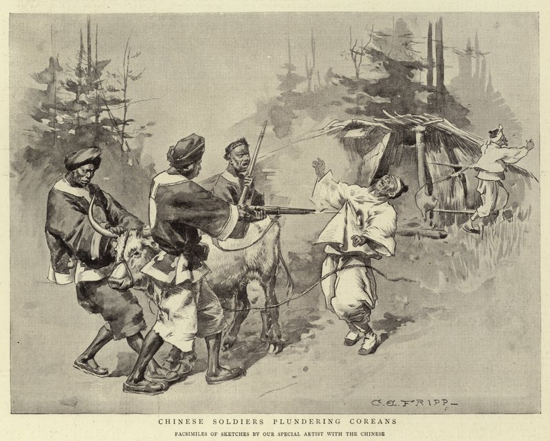 Chinese soldaten plunderen Koreanen door Charles Edwin Fripp