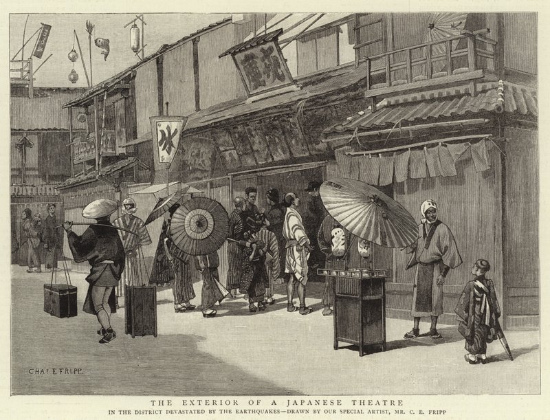 De buitenkant van een Japans theater door Charles Edwin Fripp