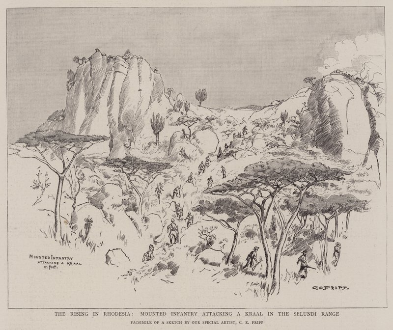 De Opstand in Rhodesië, Bereden Infanterie valt een Kraal aan in de Selundi Range door Charles Edwin Fripp