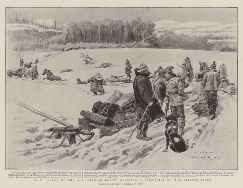 Naar Klondyke via de All-Canadian Route, het Oversteken van een Sneeuwdrift op de Stikine Rivier door Charles Edwin Fripp