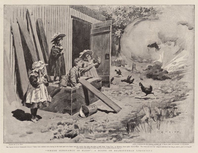 Waar onwetendheid een zegen is, een scène in belegerd Ladysmith door Charles Edwin Fripp