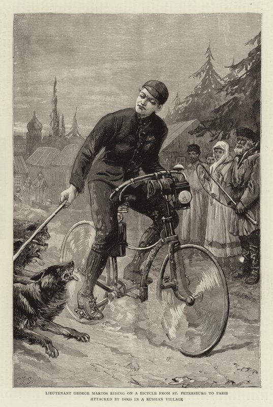 Luitenant George Martos op een fiets van Sint-Petersburg naar Parijs aangevallen door honden in een Russisch dorp door Charles J. Staniland