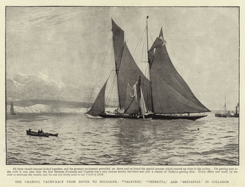 De kanaaljachtwedstrijd van Dover naar Boulogne, Valkyrie, Vendetta en Britannia in botsing door Charles J. Staniland