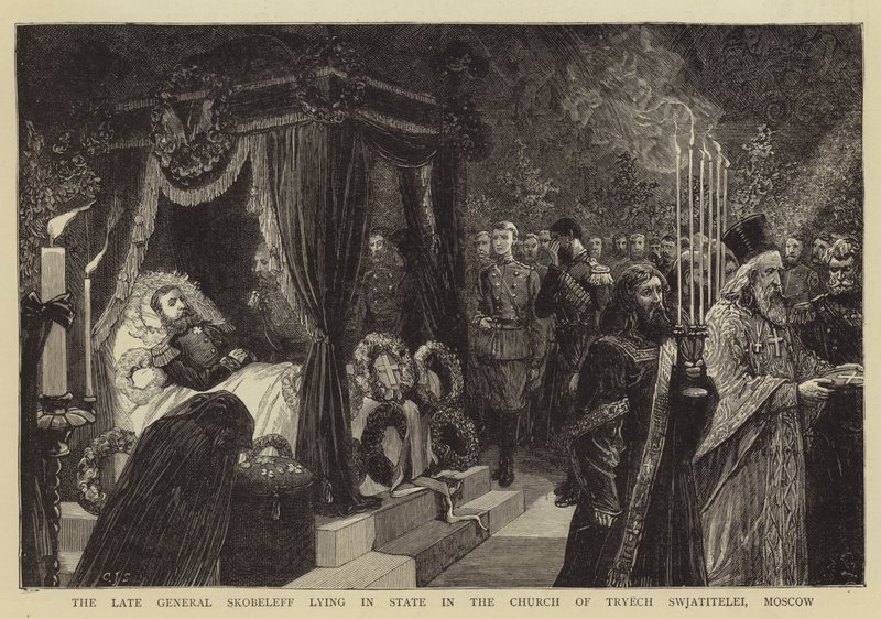 De overleden generaal Skobeleff liggend in staat in de kerk van Tryech Swjatitelei, Moskou door Charles J. Staniland