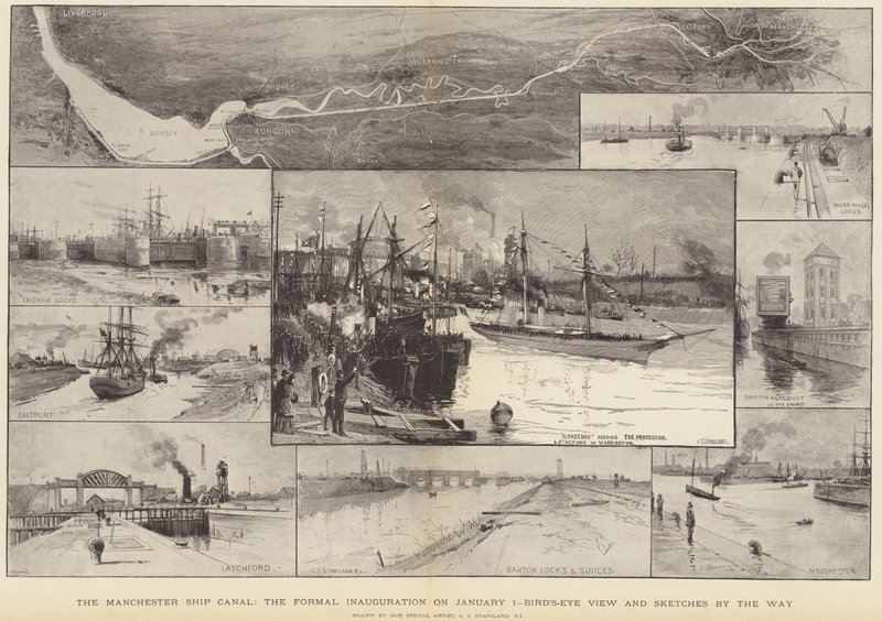 Het Manchester Scheepvaartkanaal, de formele inauguratie op 1 januari door Charles J. Staniland