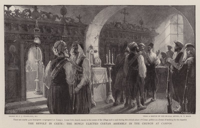 De opstand op Kreta, de nieuw gekozen Kretenzische Vergadering in de kerk van Campos door Charles J. Staniland