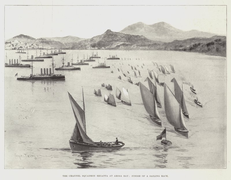 De Kanaalvloot Regatta bij Arosa Bay, Finish van een Zeilwedstrijd door Charles John de Lacy
