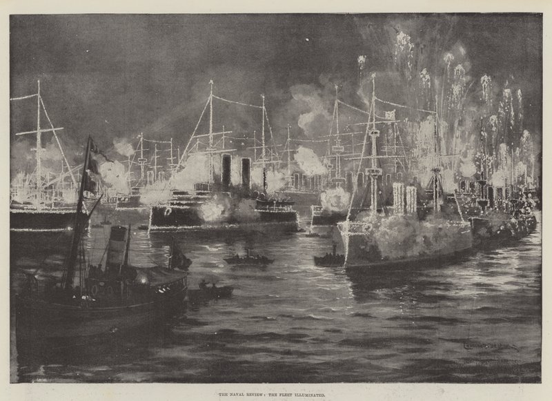 De marineparade, de vloot verlicht door Charles John de Lacy