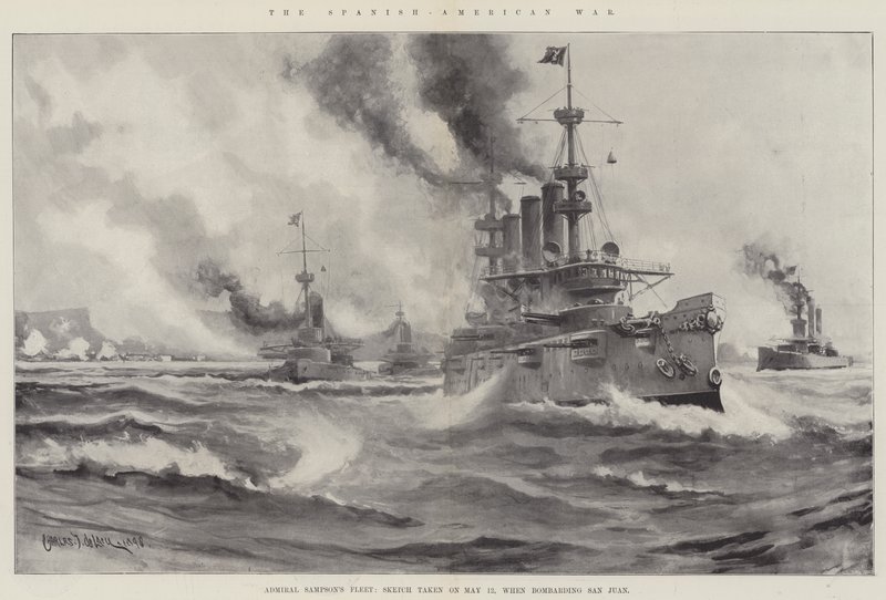 De Spaans-Amerikaanse Oorlog, Vloot van Admiraal Sampson, Schets gemaakt op 12 mei, tijdens het bombarderen van San Juan door Charles John de Lacy