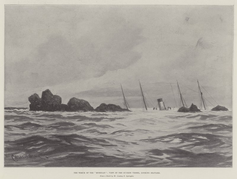 Het wrak van de Mohegan, uitzicht op het gezonken schip, richting zee door Charles John de Lacy