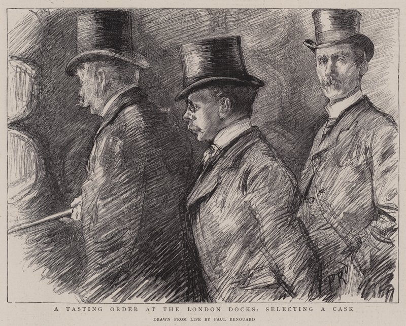 Een proeverij bij de London Docks, het selecteren van een vat door Charles Paul Renouard